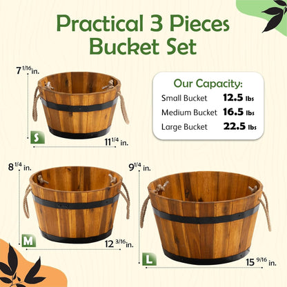 IDZO Set of 3 Wooden Flower Boxes Outdoor, Durable Acacia Wood Barrel Planters for Outdoor Plants
