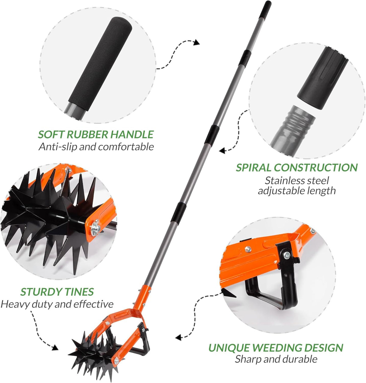 Walensee Rotary Cultivator Tool, Adjustable Garden Hand Tiller with Stainless Steel Pole, 2-in-1