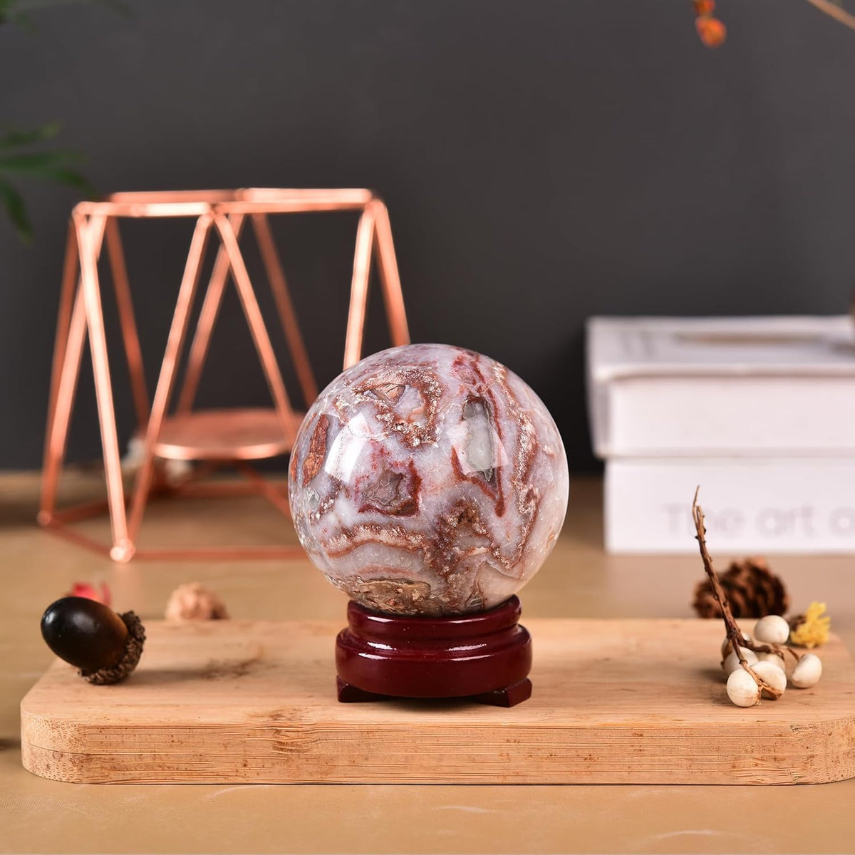 JIC Gem Striped Agate Crystal Ball with Wooden Stand Healing Crystal Sphere Ball for Feng Shui