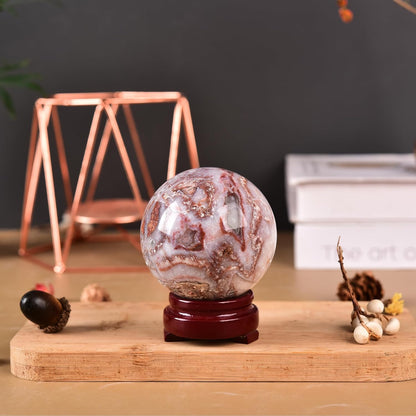 JIC Gem Striped Agate Crystal Ball with Wooden Stand Healing Crystal Sphere Ball for Feng Shui