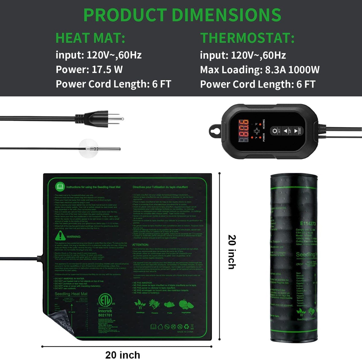 20"x 20" Seedling Heat Mat with Digital Thermostat Combo Set,ETL Certified and Durable Waterproof