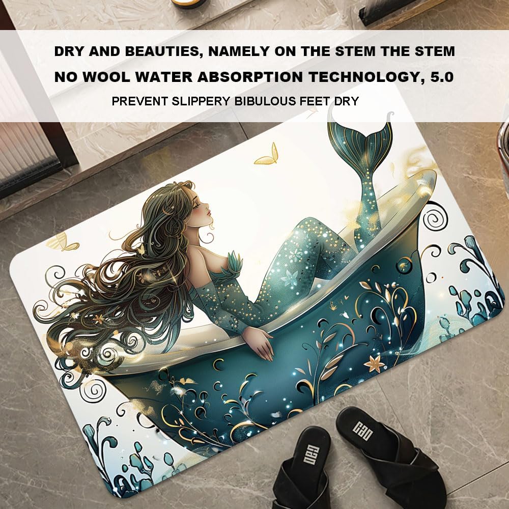 Bath Mat-Bathroom Rug，Bathtub Mermaid-Absorbent Non Slip Quick Dry Stain Resistant Easy to Clean