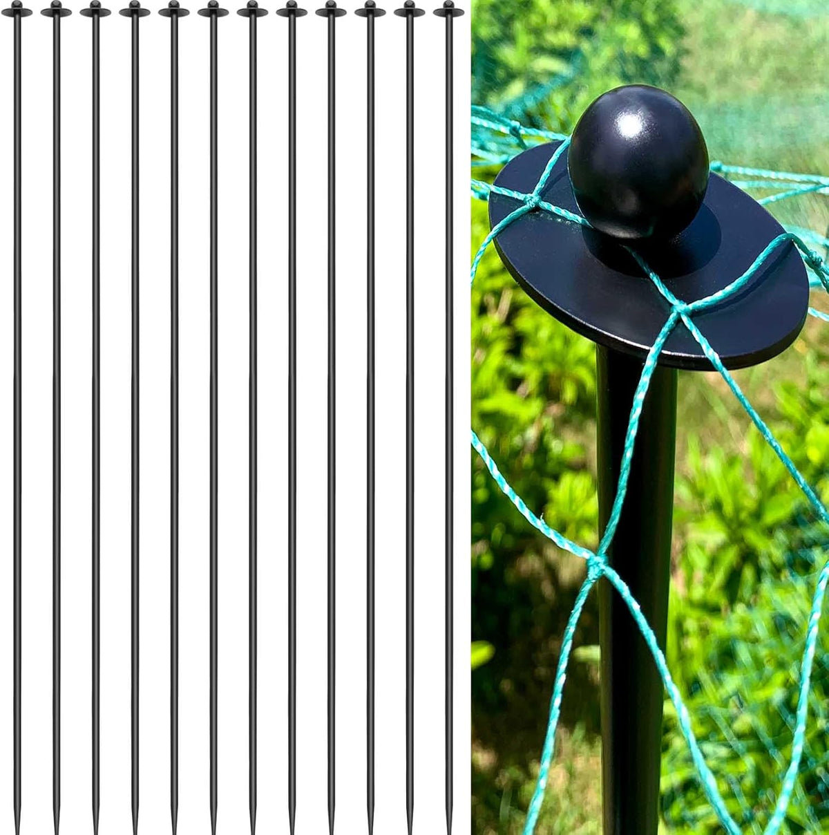 12 Sets Garden Stake Netting Support, Heavy Duty Metal Garden Poles for Netting, Powder Coated