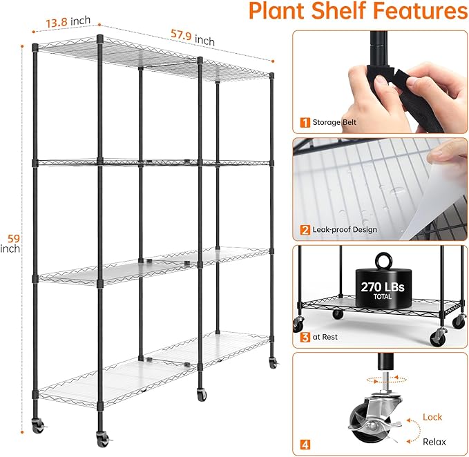 Bstrip Plant Shelf with Grow Light, 4-Tier Large Grow Light Shelf with Wheels, Stainless Steel