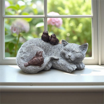 Cat Statue Outdoor Garden Decor - 11.4" Sparrows on Cat Figurine Memorial Grave Markers Garden