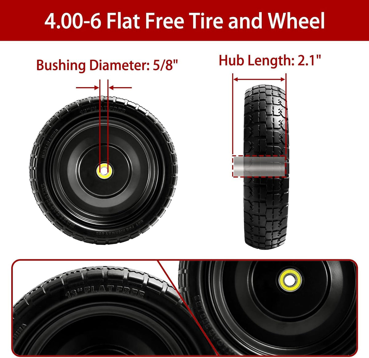 13" Flat-Free Tires and Wheels Replacement Gorilla Cart, 4.00-6 Flat-free Solid Tires for Garden
