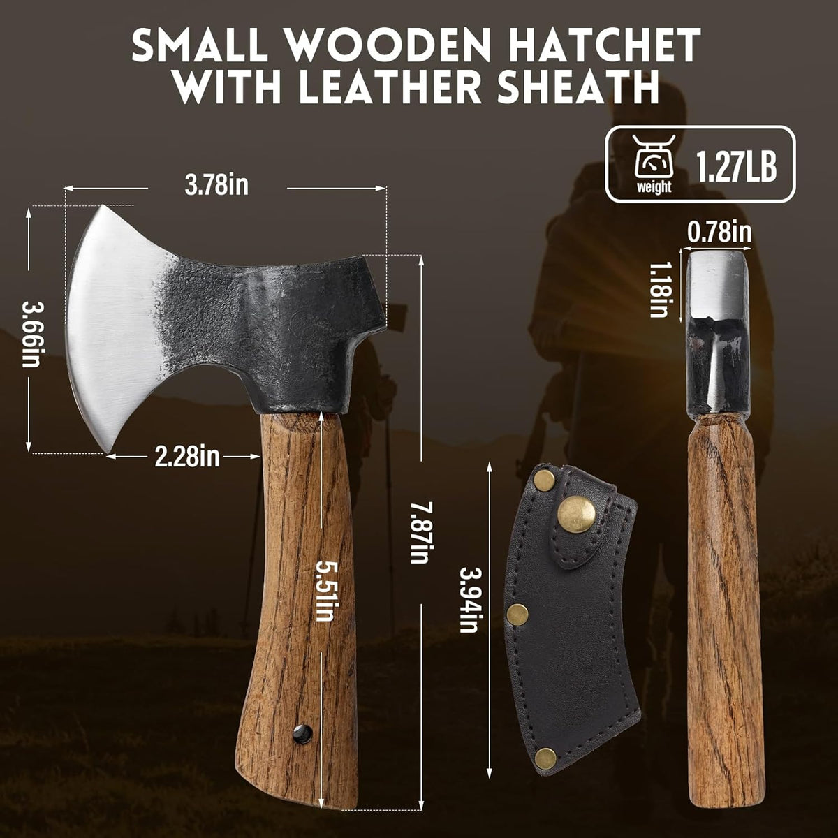 Small Camping Axe with Leather Sheath, 8.46" Backpacking Hatchet with Wooden Handle, Splitting Axe