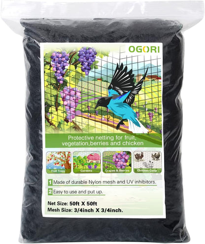 OGORI 50' x 50' Bird Netting Heavy Duty Nylon 3/4" Mesh Garden Netting Protect Fruit Trees, Plants