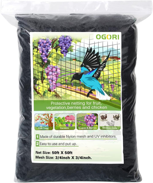 OGORI 50' x 50' Bird Netting Heavy Duty Nylon 3/4" Mesh Garden Netting Protect Fruit Trees, Plants