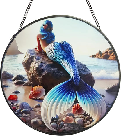 Mermaid Stained Glass Window Hanging, Sun Catcher for Windows Hanging Mermaid Wall Decor Ocean Wall