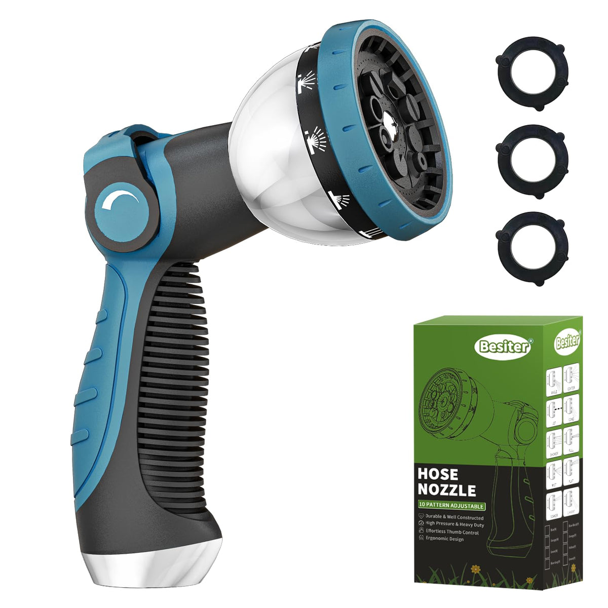 Besiter Garden Hose Nozzle, Hose Sprayer Nozzle with 10 Spray Patterns, Thumb Control On Off Valve