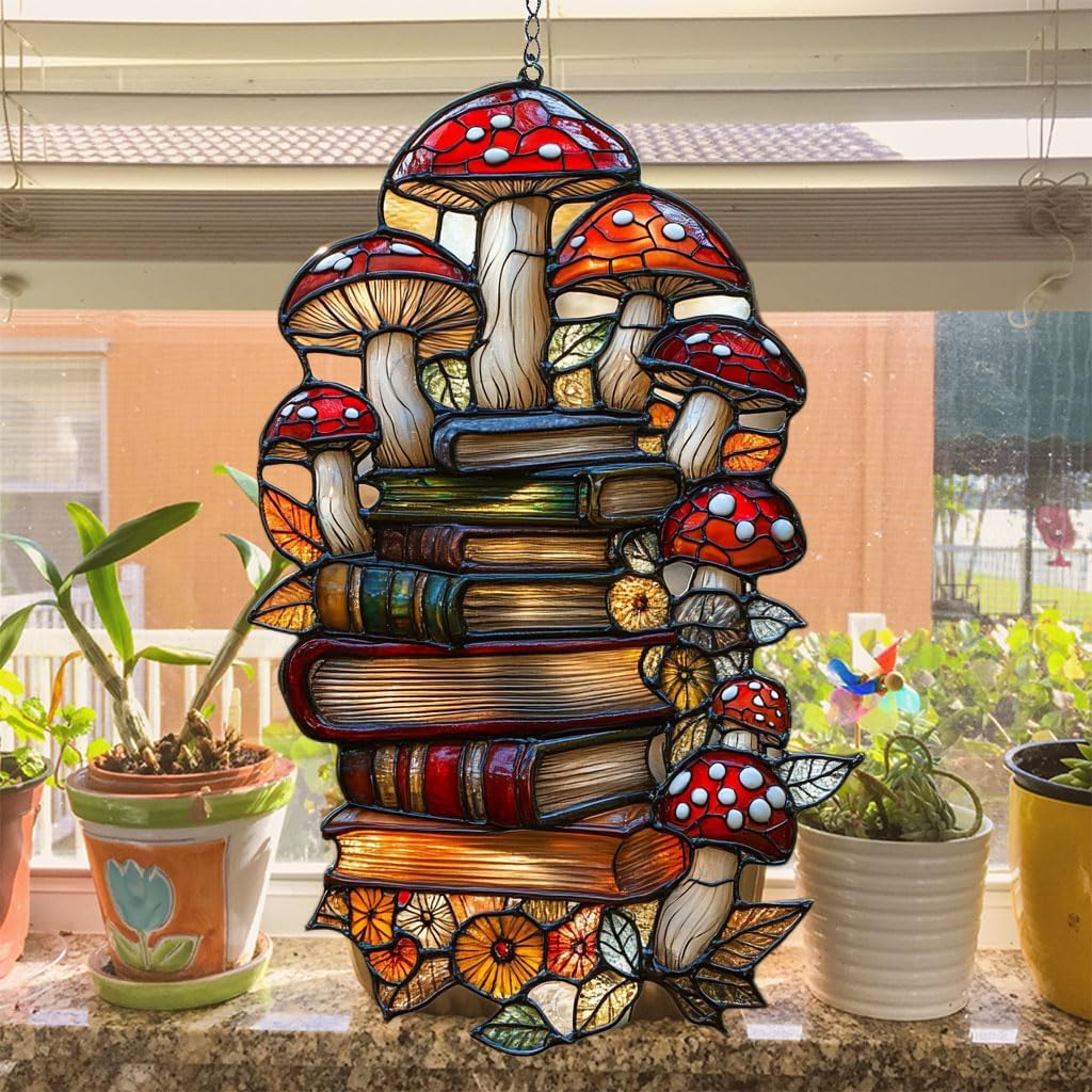 Forest Mushroom Books Acrylic Suncatcher Stained Glass Effect Window Car Hanging Christmas Ornament