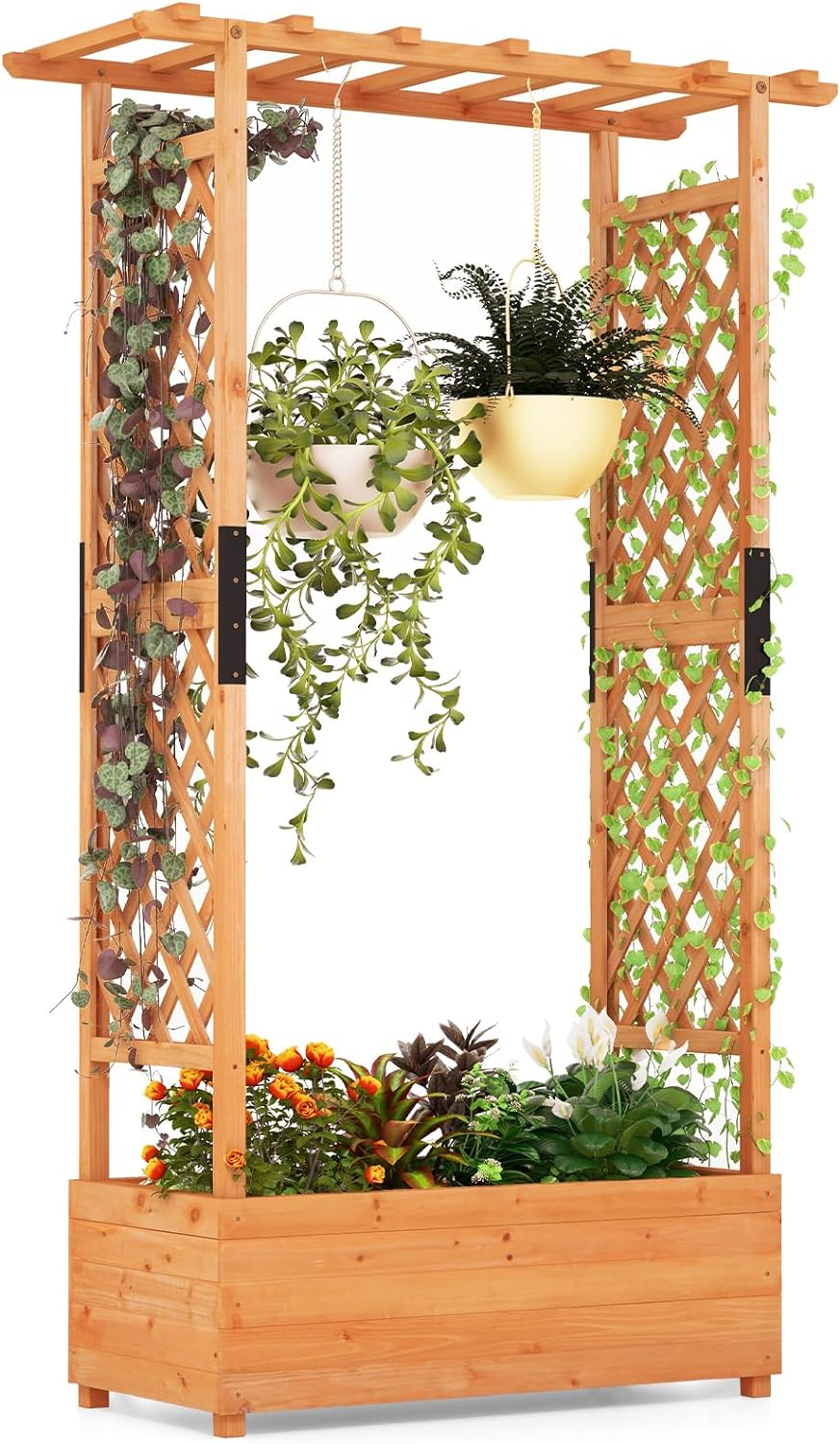 S AFSTAR 72-Inch Raised Garden Bed with Arch Trellis, Hanging Roof & Drainage Holes, Vertical Plant