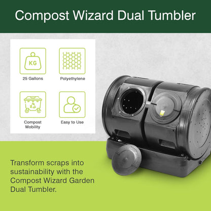 Good Ideas Compost Wizard Outdoor Garden Dual Tumbler Compost Container, Black