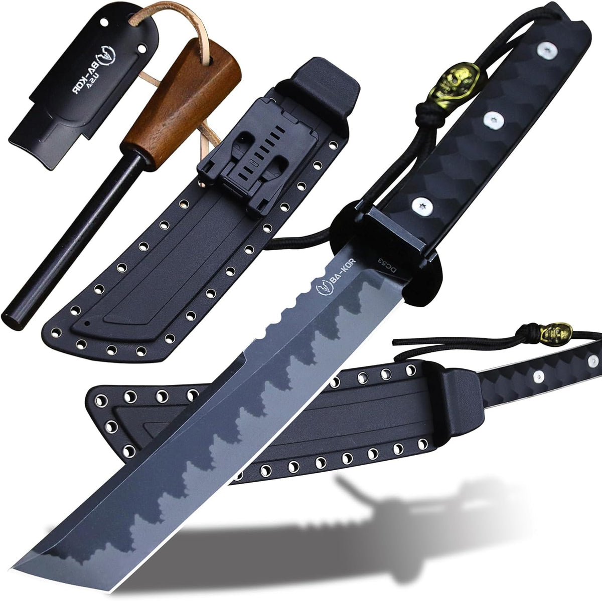 BA-KOR 15.8in Full Tang Japanese Style Outdoor Knife –8mm DC53 Steel, Nylon Fiber Handle &Sheath