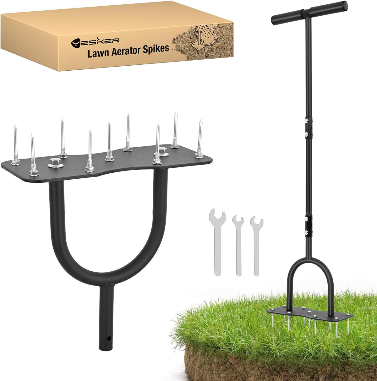 Yesker Lawn Aerator Spike Tool – Manual Metal Soil Aerator with 9 Iron Spikes, Dethatching Lawn