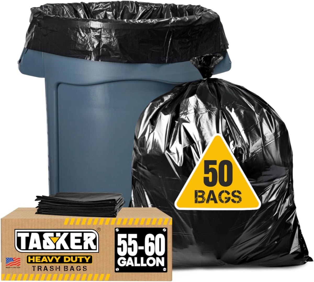 Tasker 55-60 Gallon Trash Bags Heavy Duty | Value 50 Count Bags w/Ties | Extra Large Industrial