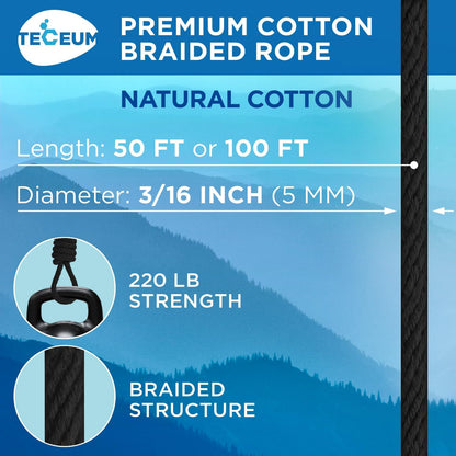 TECEUM 500lb Cotton Rope 3/16” (5 mm) – 50 FT | 100 FT – Strong All-Purpose Braided Rope – Natural