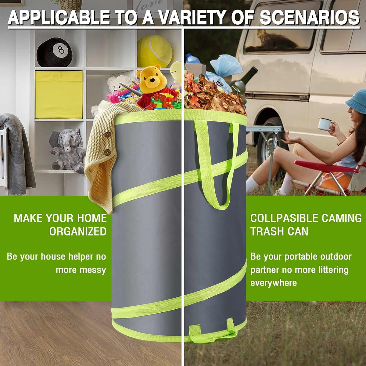 Resuable Leaf Bag 2 Pack, Collapsible Trash Can for Camping, Garden Waste Bag Pop Up, 120L Large