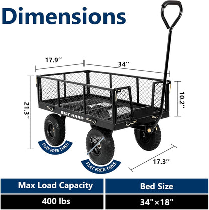 BILT HARD 10" Flat Free Tires Heavy Duty Garden Cart with 180° Rotating Handle and Removable Sides