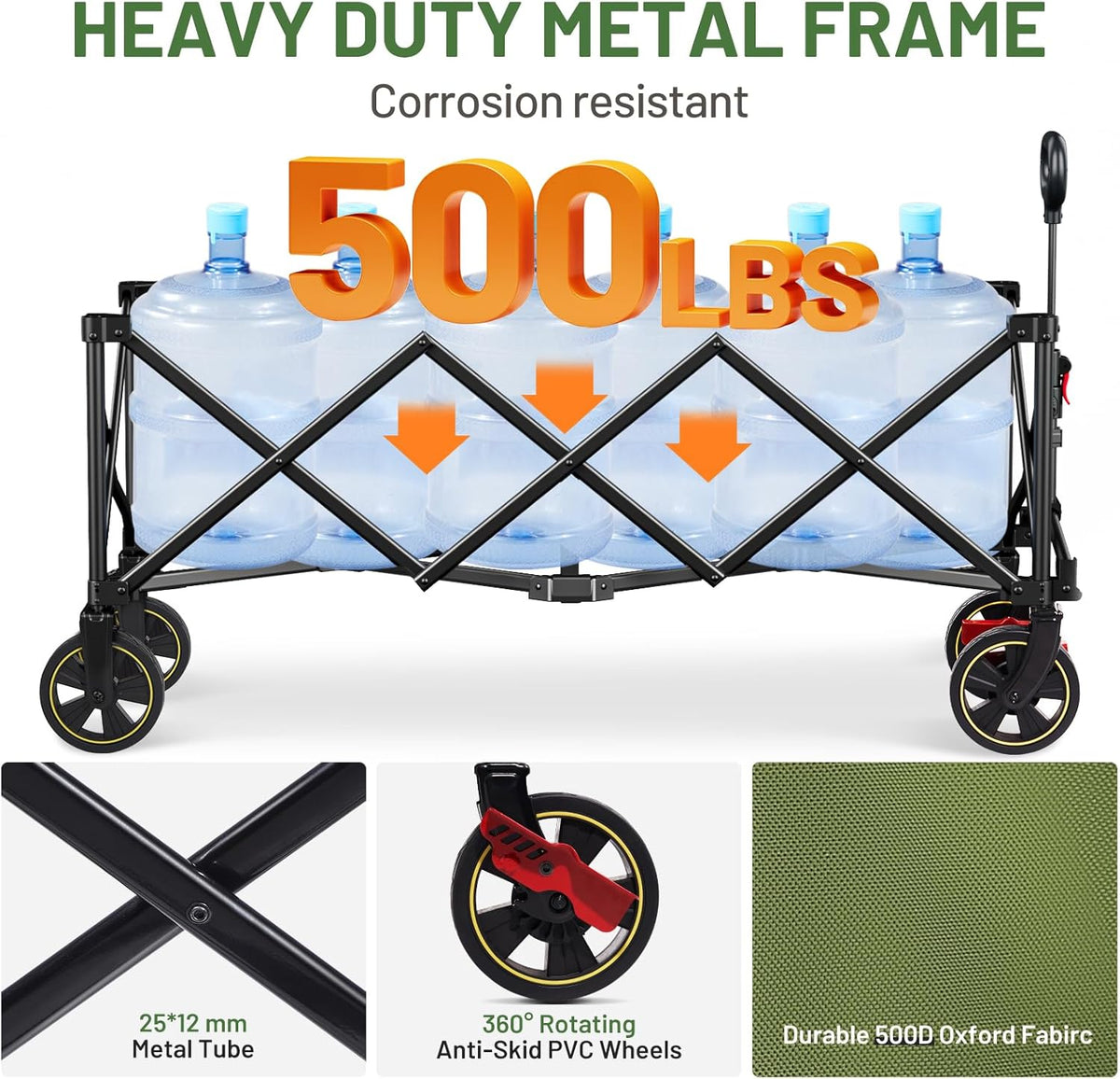 Timber Ridge 51.2'' Extended Collapsible Wagon Cart with Brakes and Cargo Net, Heavy Duty Foldable