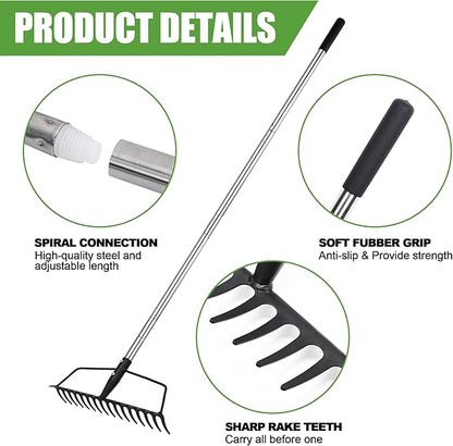 Garden Rake, Metal Sturdy and Heavy Duty Metal Rake, 16-Tine Bow Rake with Adjustable Stainless