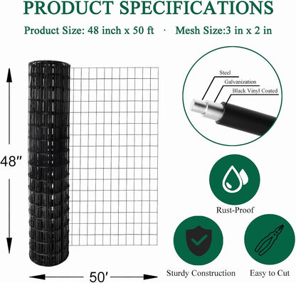 Black PVC Coated Welded Wire Fence 48 Inch x 50 Foot, 2 Inch x 3 Inch 16GA, Garden Border Fencing