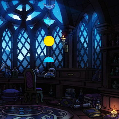 Celestial Blue Stained Glass Sun and Moon Window Hanging Handmade Stained Glass Suncatcher Boho