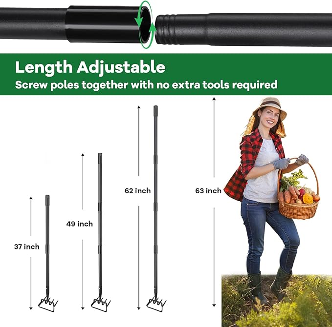 Garden Hoe, 62 Inch Weed Tool, Long Soil Tiller Cultivator, Heavy Duty Metal Stirrup Hoe Weeder
