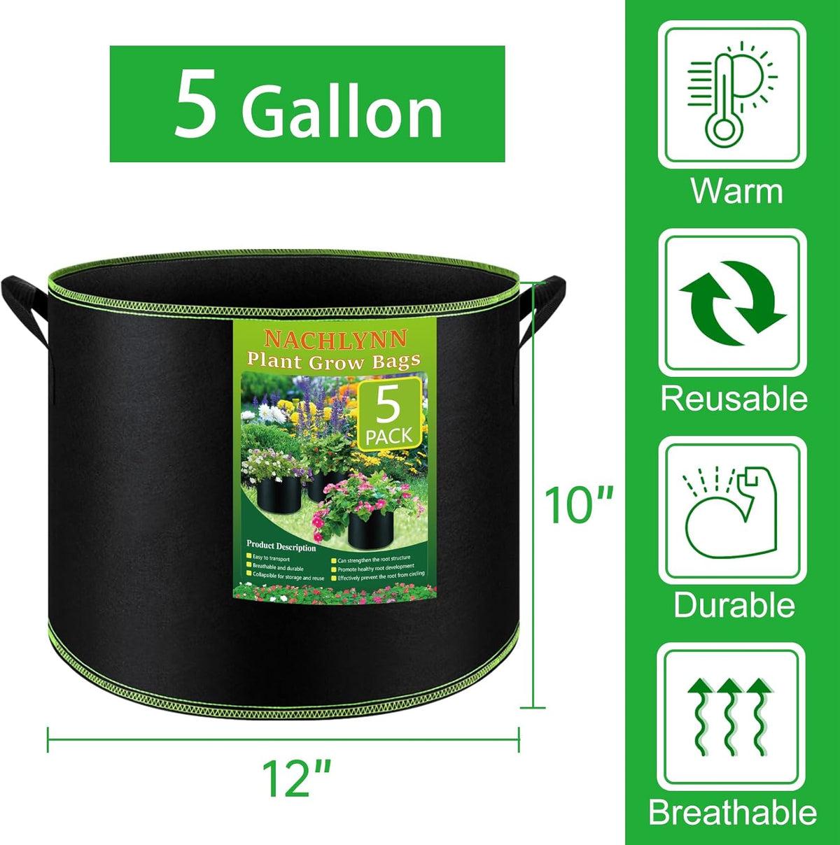 NACHLYNN 5-Pack 5 Gallon Grow Bags Heavy Duty Aeration Fabric Pots with Handles Thickened Nonwoven