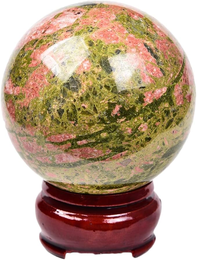 JIC Gem Unakite Stone Crystal Sphere Ball with Decorative Stand Quartz Crystal Ball Healing