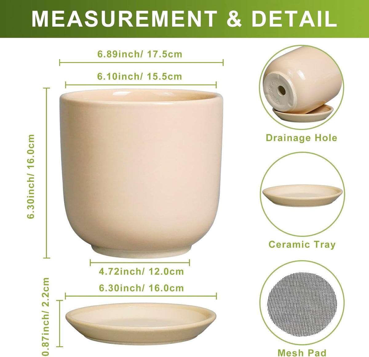 Ceramic Plant Pot - 7 Inch Mid Century Round Ceramic Planter for Indoor Plants with Drainage Hole