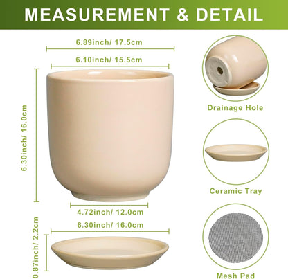 Ceramic Plant Pot - 7 Inch Mid Century Round Ceramic Planter for Indoor Plants with Drainage Hole