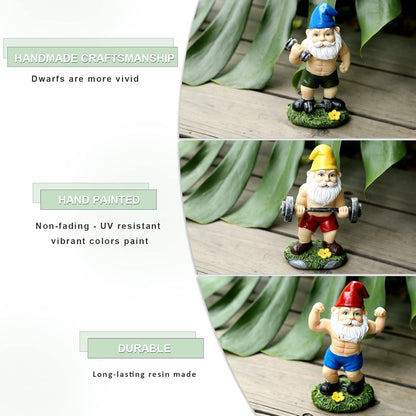 Funny Workout Garden Gnomes Statues 3pcs 6.2 Inches Outdoor Muscular, Barbell and Dumbbell Gnomes