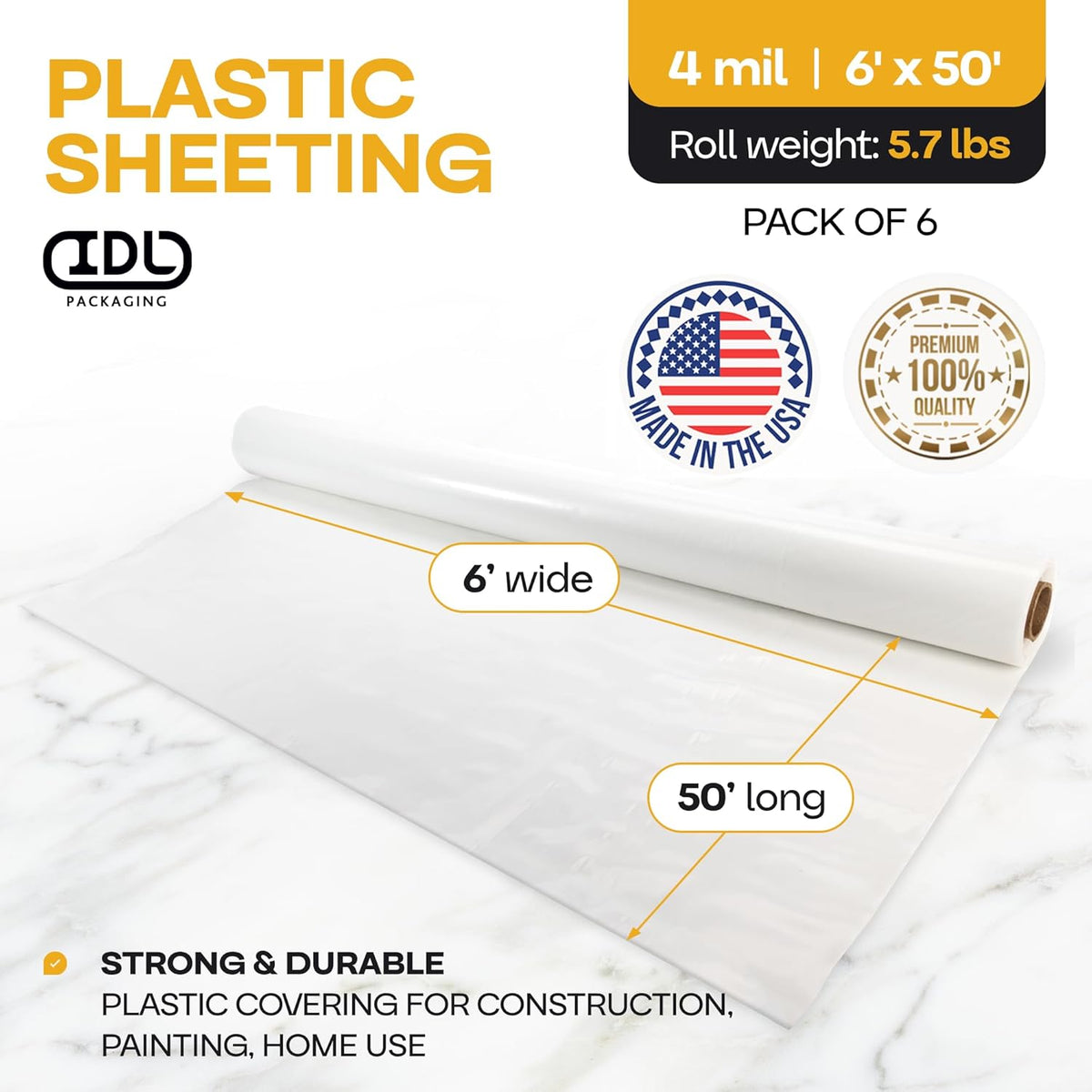 Plastic Sheeting 4 mil, 6' x 50' (300 sq.ft.), Pack of 6 - Thick Semi-Clear Plastic Sheeting for