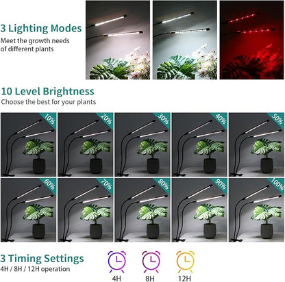 Full Spectrum Plant Growing Lamps 2 Pack, 168 LEDs Clip Lights, White + Red Spectrum, 4/8/12h