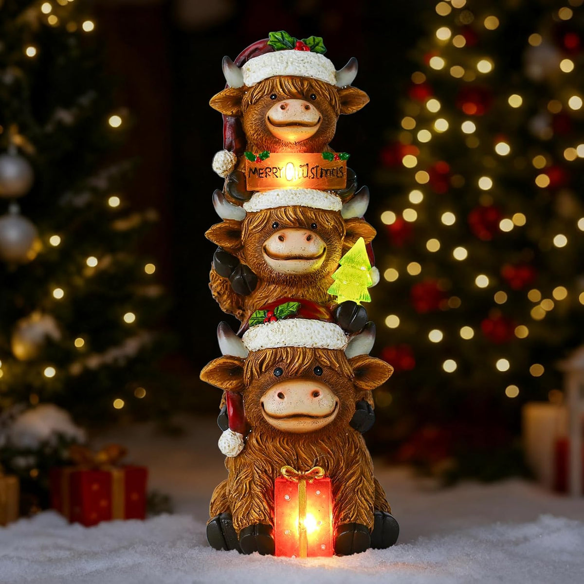 Christmas Highland Cow Decor with Solar Light Triple Highland Cow Christmas Decorations Gifts for