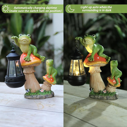 Garden Frogs Statue, Large Funny Frogs Figurine Climbing on Mushroom and Holding a Solar LED