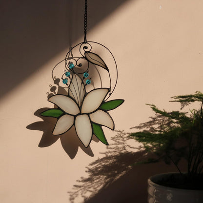 Women Birthday White Lily Flower Gift for Her, Floral Gift Stained Glass Window Hangings Suncatcher