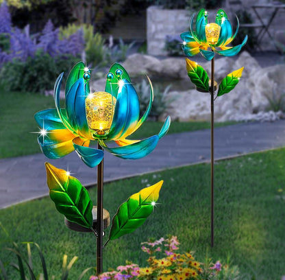 Solar Yard Lights Wind Spinners- Metal Lotus Flower Garden Decor LED Crackle Glass Globe Yard Art