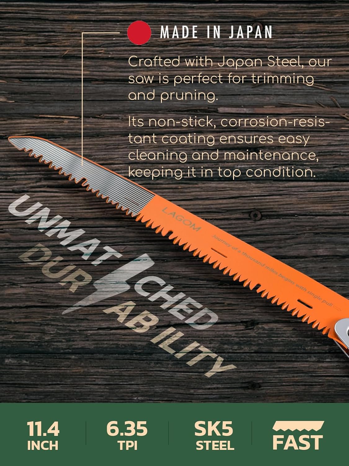 LAGOM Folding Camp Saw for Cutting Branches, 11.4" Straight Blade | SK5 Steel, Ergonomic Handle