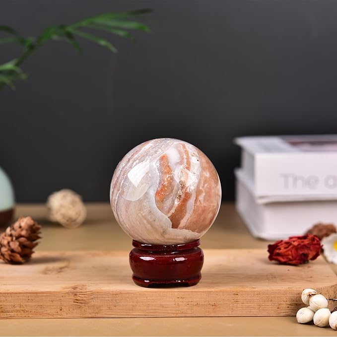 JIC Gem Pink Agate Crystal Ball with Wooden Stand Pink Healing Crystal Sphere Ball for Feng Shui