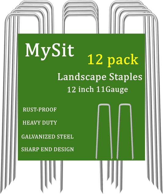 MySit 12" Garden Stakes Pins Landscape Staples 11Ga Tent Stakes 12 Pack, Heavy Duty Galvanized