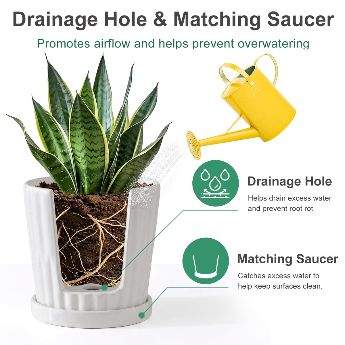 White 6 Inch Flower Pots for Plants,Ceramic Planter with Drainage Holes