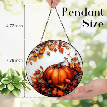 Pumpkin Maple Leaf Suncatcher -7.9 in Stained Glass Window Hanging Sun Catcher Garden Decor