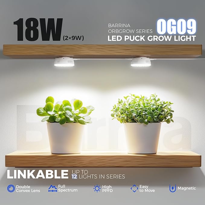 Barrina Orbgrow OG09 Puck Grow Light, 5000K 18W(2 x 9W, 270 Watt Equiv), Full Spectrum Plant Light
