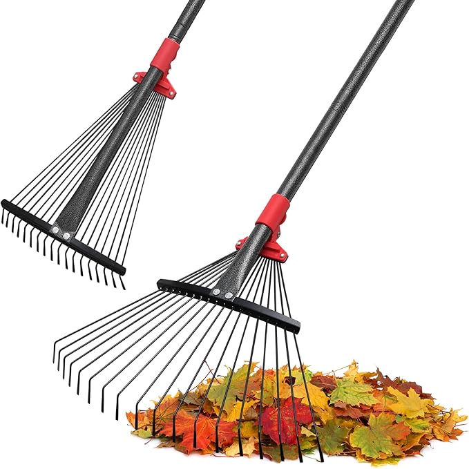 Rake for Leaves, Adjustable Garden Leaf Rakes for Lawns Heavy Duty, Metal Rake with 18 Clog-Free