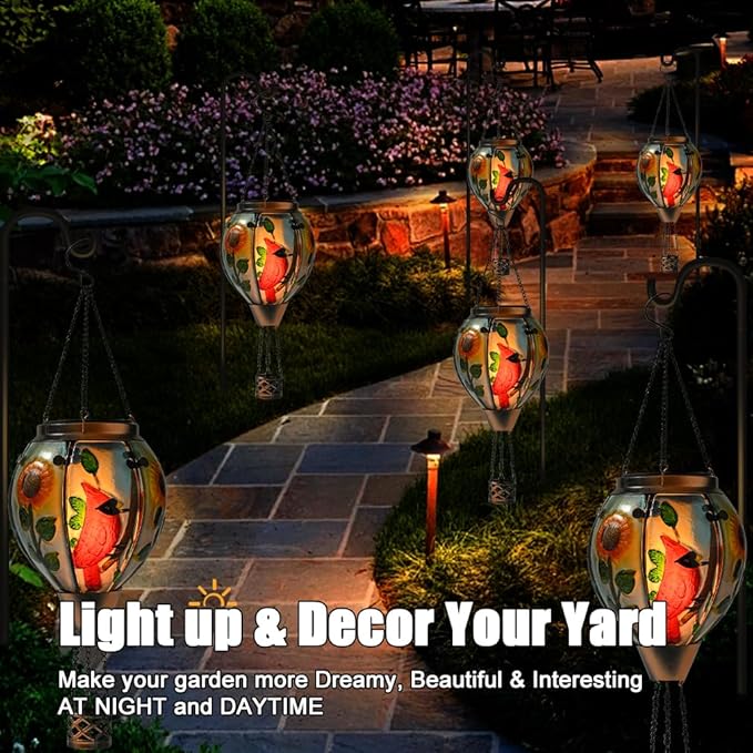 Hot Air Balloon Solar Lantern - Large Cardinal Bird Glass Lantern, Simulated Flickering & Dancing