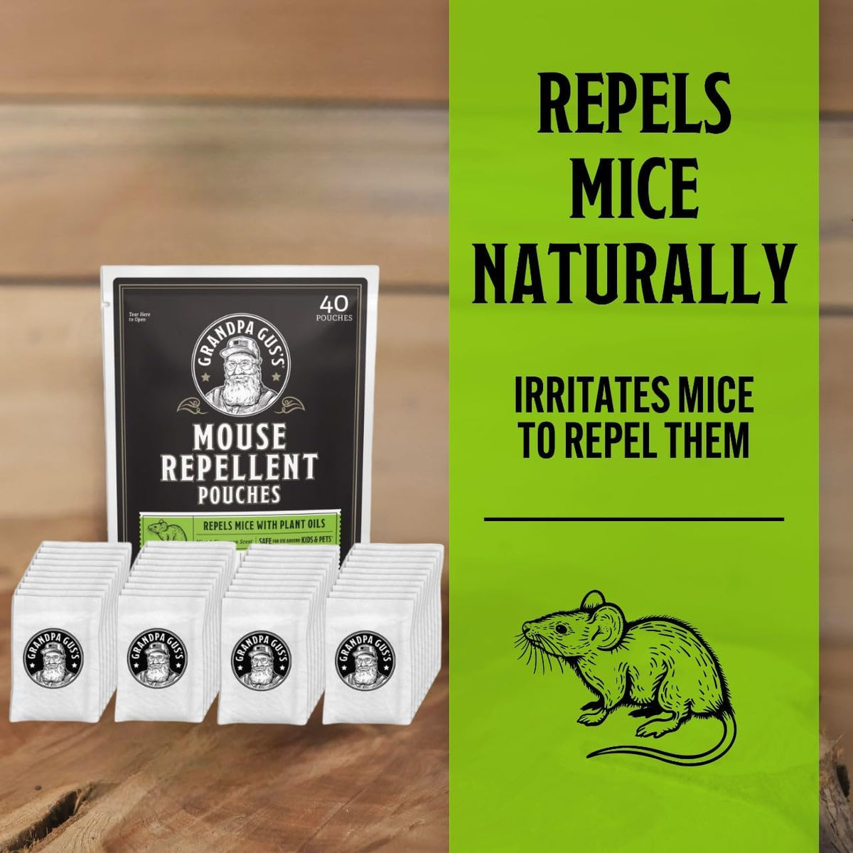 Grandpa Gus's Natural Mouse Repellent Pouches, Cinnamon/Peppermint Oils Repel Mice from Nesting &