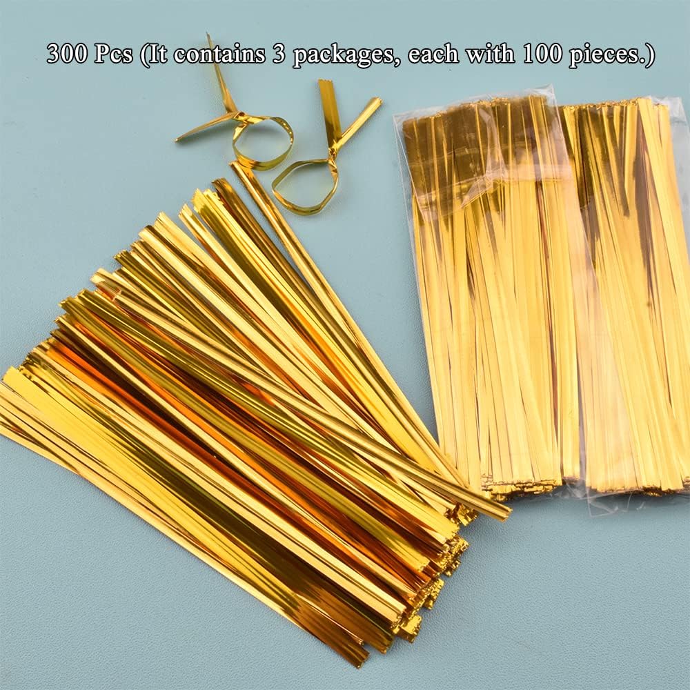 HAHIYO 300Pcs 4 inches Gold Metal Twist Ties Bread Candy Coffee Bag Ties Plant Garden Twist Ties